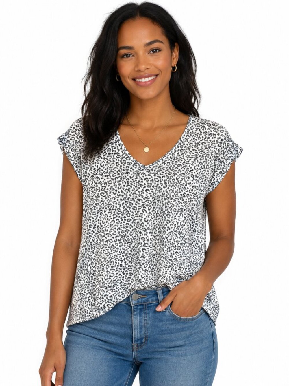 bobeau Collection Gray White  Speckled Leopard V-Neck Cap Sleeve Top